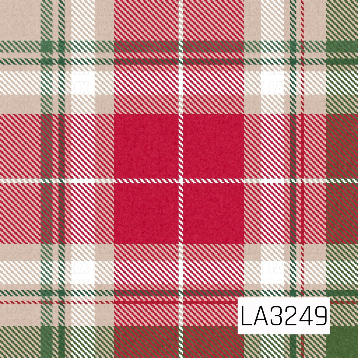 A festive plaid pattern featuring bold Christmas red, evergreen, soft cream, and warm beige tones. Large red blocks are layered with classic woven-style stripes and green accents for a cozy, traditional holiday look.
