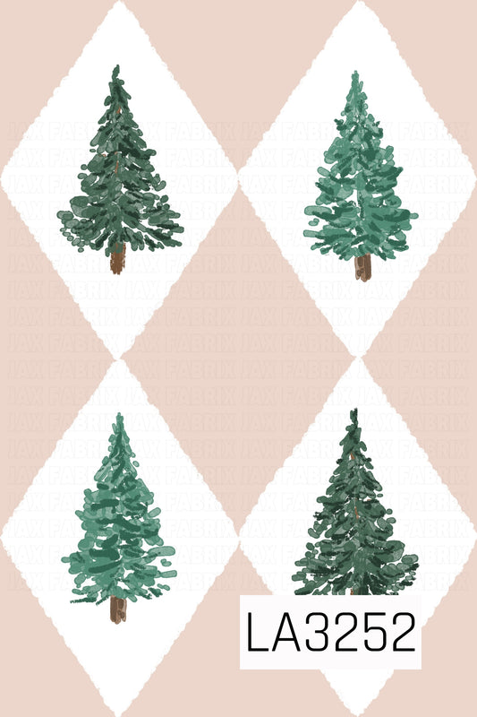 A hand-painted Christmas tree pattern featuring four evergreen trees in varying shades of deep and muted green. Each tree sits inside a soft white diamond shape against a warm blush-beige background, creating a cozy, rustic argyle-inspired design.
