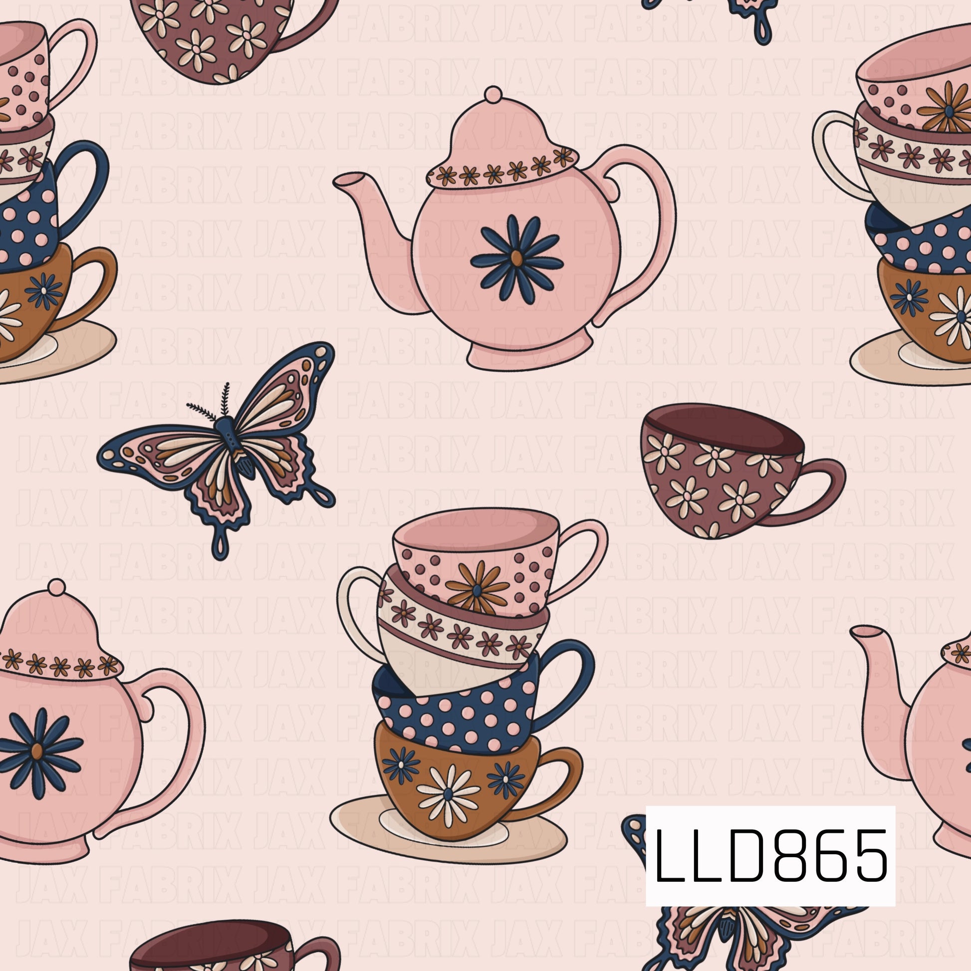 A whimsical vintage tea party design featuring pink floral teapots, stacks of mismatched teacups, and ornate butterflies. The soft blush background is accented with dusty pink, navy blue, warm brown, cream, and delicate floral details for a cozy retro-inspired look.
