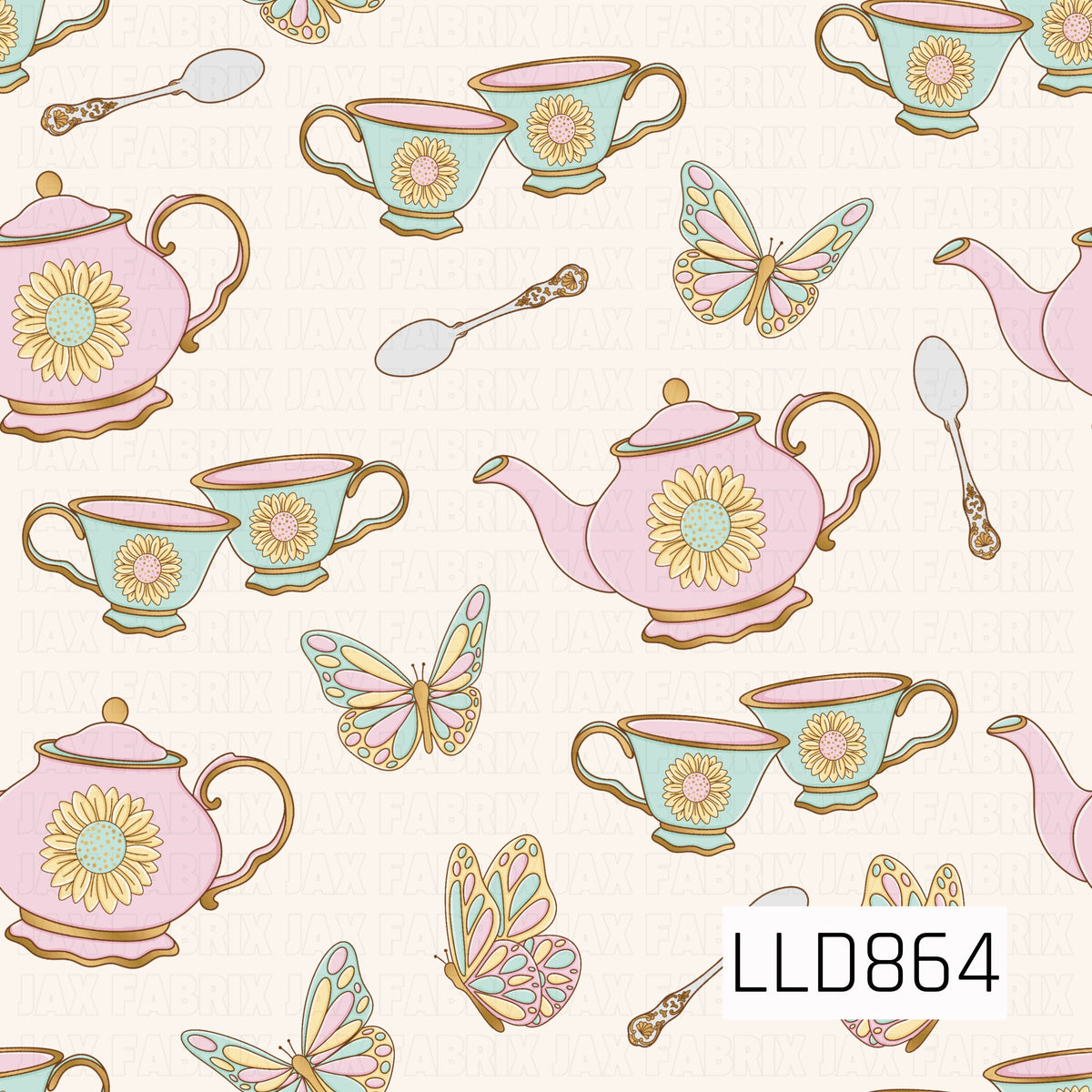 A whimsical tea party design featuring pastel pink teapots and mint teacups decorated with cheerful daisies. Delicate butterflies and ornate vintage-style spoons are scattered throughout, all accented with soft pink, aqua, yellow, and warm golden details on a creamy background.
