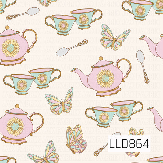 A whimsical tea party design featuring pastel pink teapots and mint teacups decorated with cheerful daisies. Delicate butterflies and ornate vintage-style spoons are scattered throughout, all accented with soft pink, aqua, yellow, and warm golden details on a creamy background.

