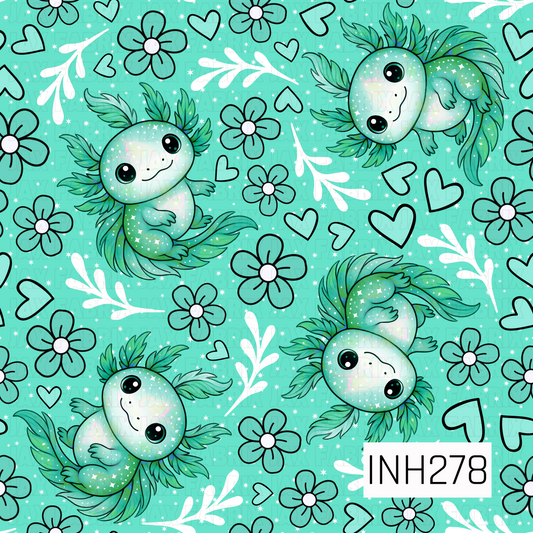 Pattern of axolotls, flowers, and hearts on a green background 