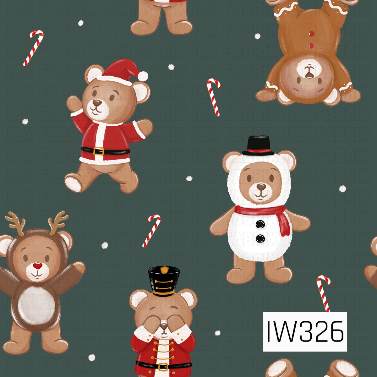 An adorable Christmas pattern featuring playful teddy bears dressed in festive Santa, reindeer, gingerbread, snowman, and nutcracker outfits. Scattered red and white candy canes and tiny white snowflakes decorate the muted forest green background, creating a sweet and whimsical holiday design.