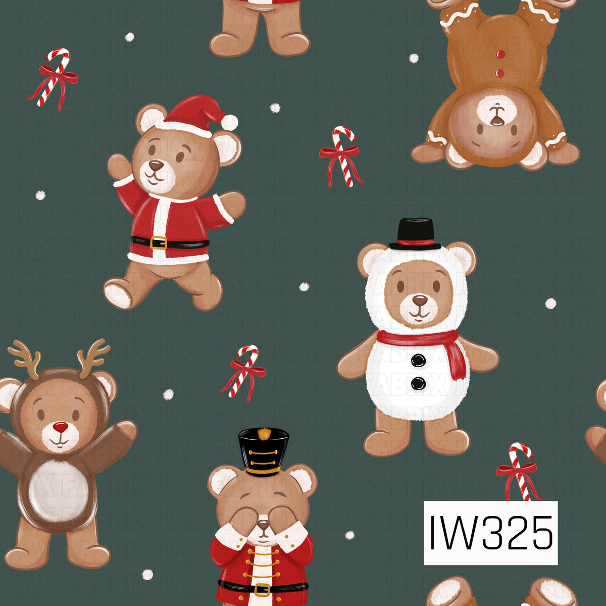 An adorable Christmas pattern featuring playful teddy bears dressed in festive Santa, reindeer, gingerbread, snowman, and nutcracker outfits. Scattered candy canes tied with red bows and tiny white snowflakes decorate the deep muted forest green background, giving this design a sweet, whimsical holiday feel.