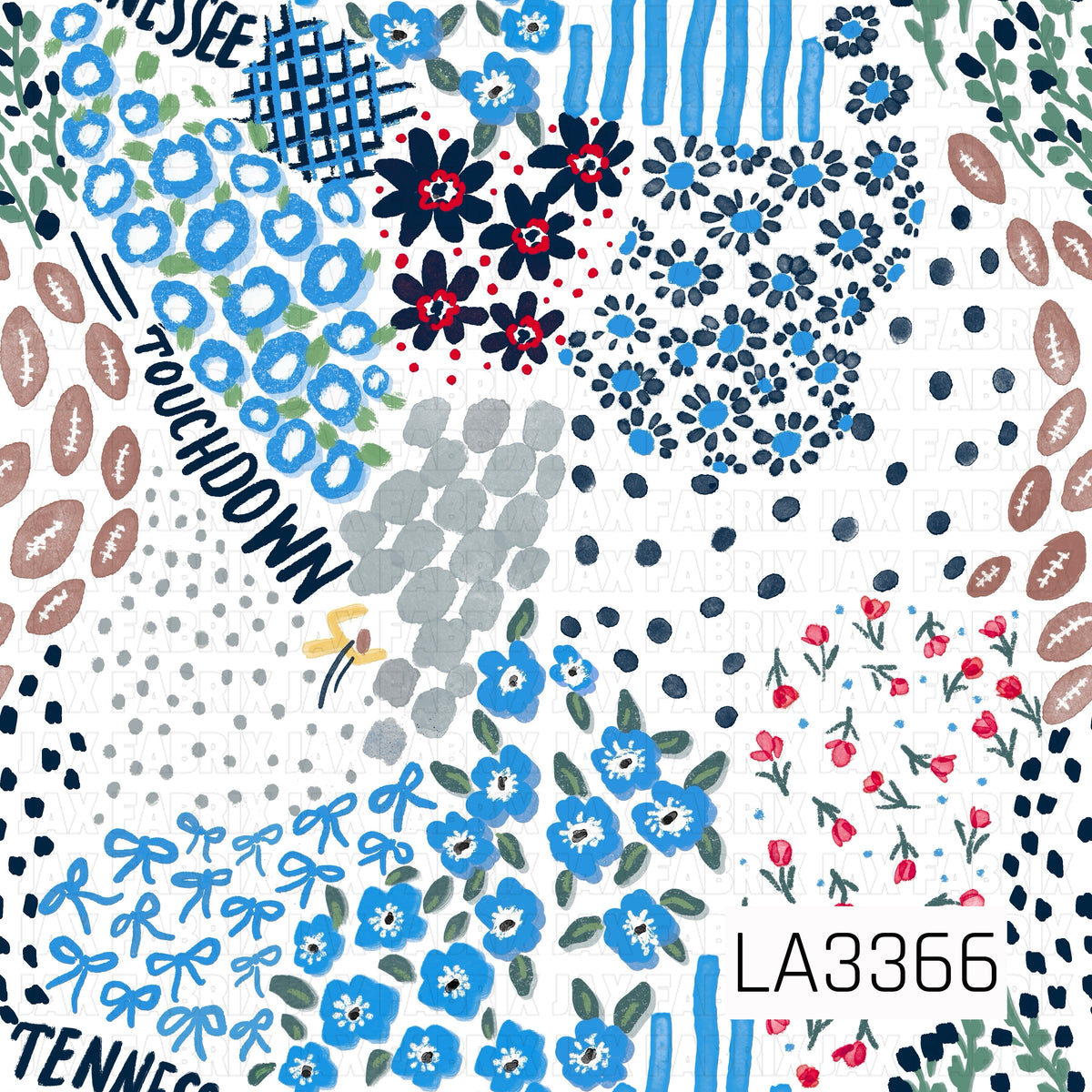A playful Tennessee-inspired game day print featuring bright blue and navy florals with pops of red, soft green, and gray. Hand-drawn bows, footballs, scattered dots, abstract brushstrokes, sketchy grids, and “Tennessee” and “Touchdown” lettering are mixed throughout for a fun, artsy floral take on football season.
