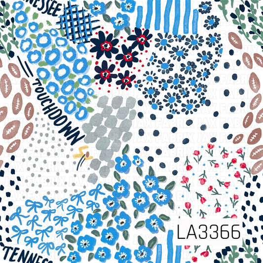 A playful Tennessee-inspired game day print featuring bright blue and navy florals with pops of red, soft green, and gray. Hand-drawn bows, footballs, scattered dots, abstract brushstrokes, sketchy grids, and “Tennessee” and “Touchdown” lettering are mixed throughout for a fun, artsy floral take on football season.

