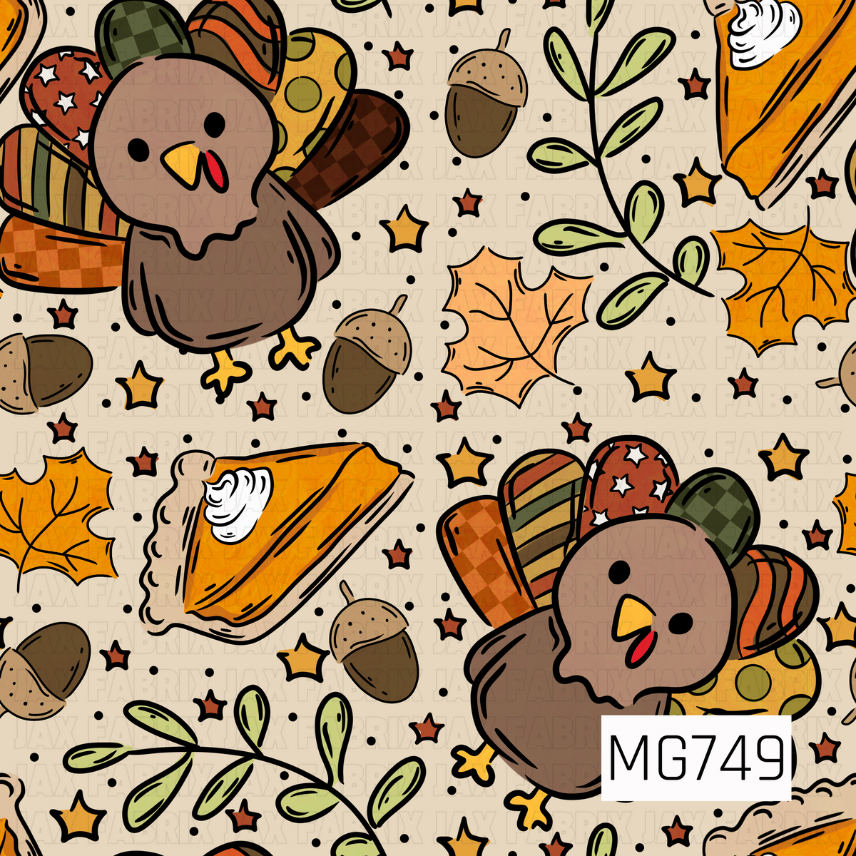 A playful Thanksgiving pattern featuring adorable cartoon turkeys with colorful patterned tail feathers in rich autumn shades of burnt orange, mustard yellow, olive green, and brown. Surrounded by pumpkin pie slices topped with whipped cream, scattered acorns, golden fall leaves, leafy green sprigs, tiny stars, and black polka dots against a warm beige background for a fun and festive fall design.