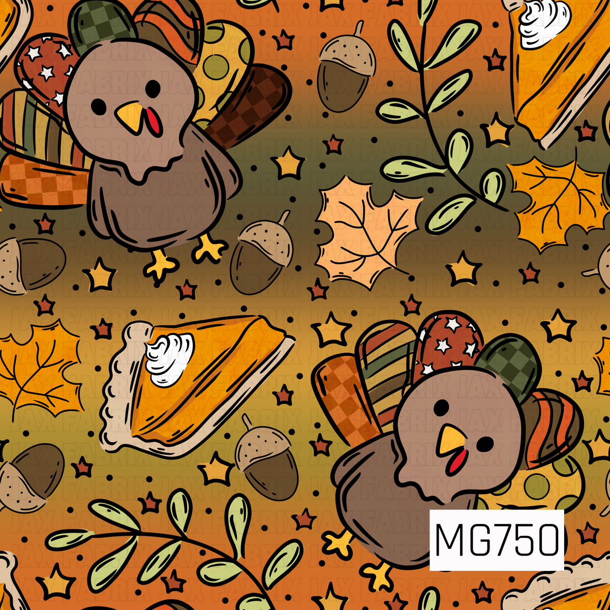 A playful Thanksgiving pattern featuring adorable cartoon turkeys with colorful patterned tail feathers in burnt orange, mustard yellow, olive green, and brown. Surrounded by pumpkin pie slices topped with whipped cream, scattered acorns, golden autumn leaves, leafy green sprigs, tiny stars, and black polka dots against a warm fall gradient background transitioning between burnt orange, earthy brown, mustard yellow, and olive green.