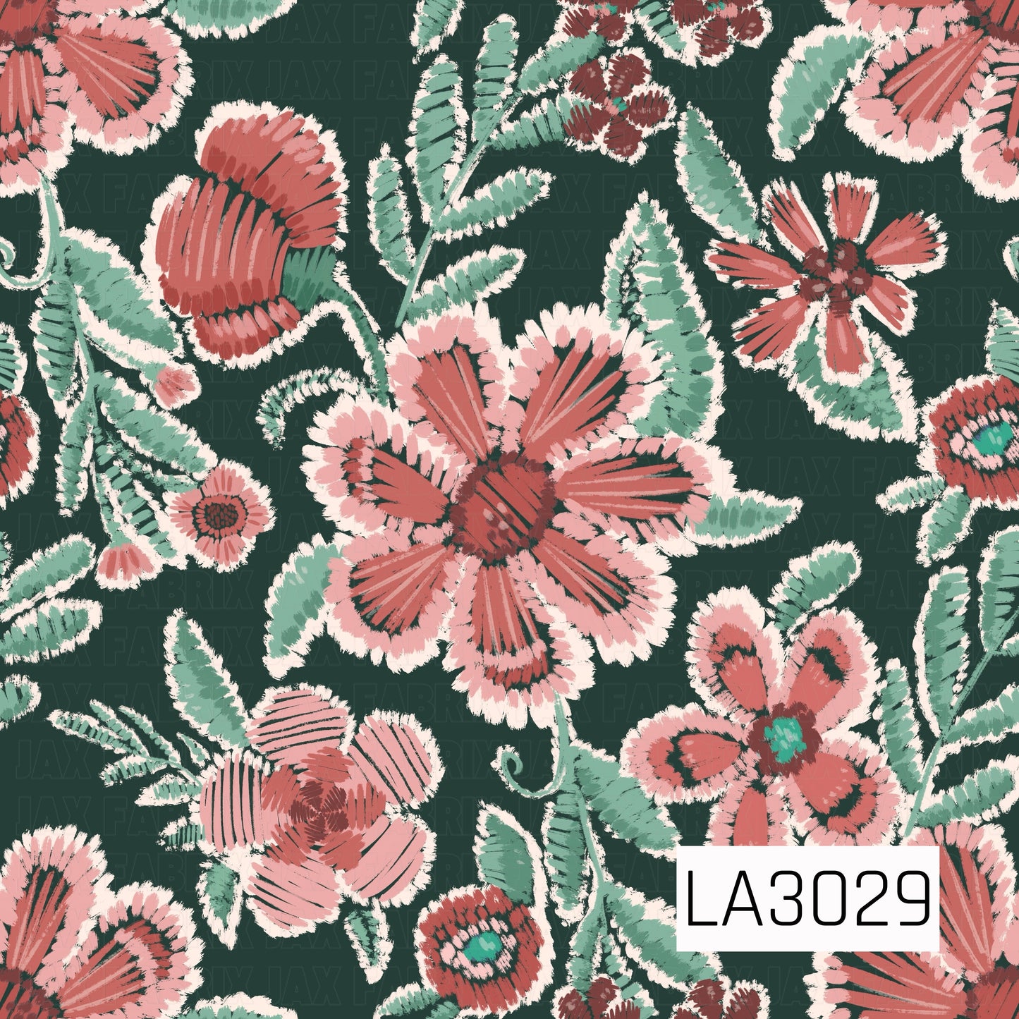 A bold, vintage-inspired floral featuring coral and blush blooms with soft mint foliage on a deep forest green background. Textured, stitched-style detailing and creamy accents give it a cozy, handcrafted feel.
