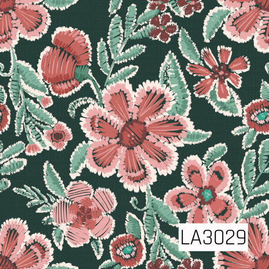 A bold, vintage-inspired floral featuring coral and blush blooms with soft mint foliage on a deep forest green background. Textured, stitched-style detailing and creamy accents give it a cozy, handcrafted feel.
