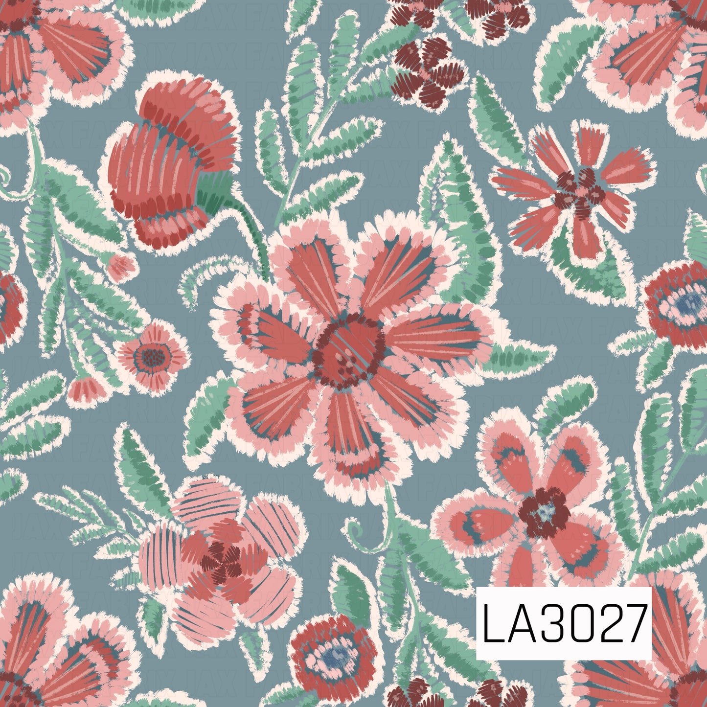 A bold embroidered-style floral print featuring coral and blush blooms with minty green foliage on a dusty blue background. Creamy stitched accents and textured brushwork give the design a charming handmade, vintage-inspired feel.
