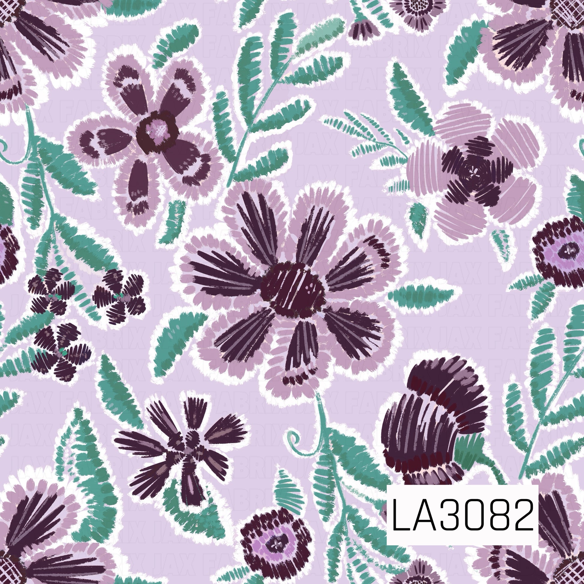 A bold, embroidered-inspired floral pattern featuring oversized plum and lavender blooms, stylized buds, and textured teal-green foliage on a soft lavender background. Visible brush-like strokes and stitched detailing give the design a handcrafted, tapestry-like feel with a modern bohemian flair.
