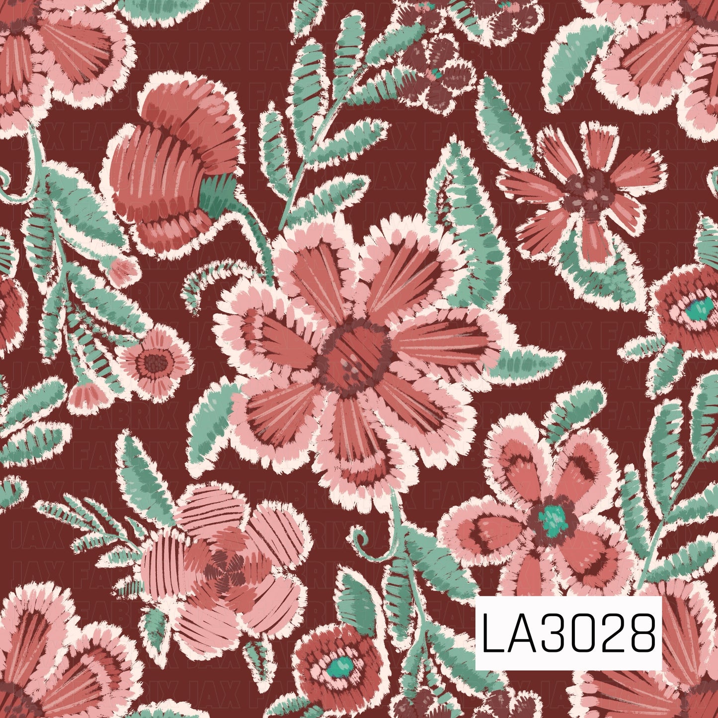 A rich, vintage-inspired floral featuring coral and blush blooms with mint green foliage on a deep raisin-brown background. Textured, stitched-style details and creamy accents give it a cozy handcrafted look.
