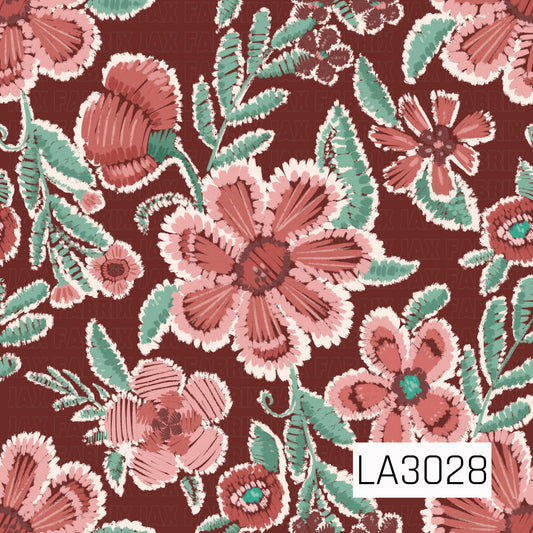 A rich, vintage-inspired floral featuring coral and blush blooms with mint green foliage on a deep raisin-brown background. Textured, stitched-style details and creamy accents give it a cozy handcrafted look.
