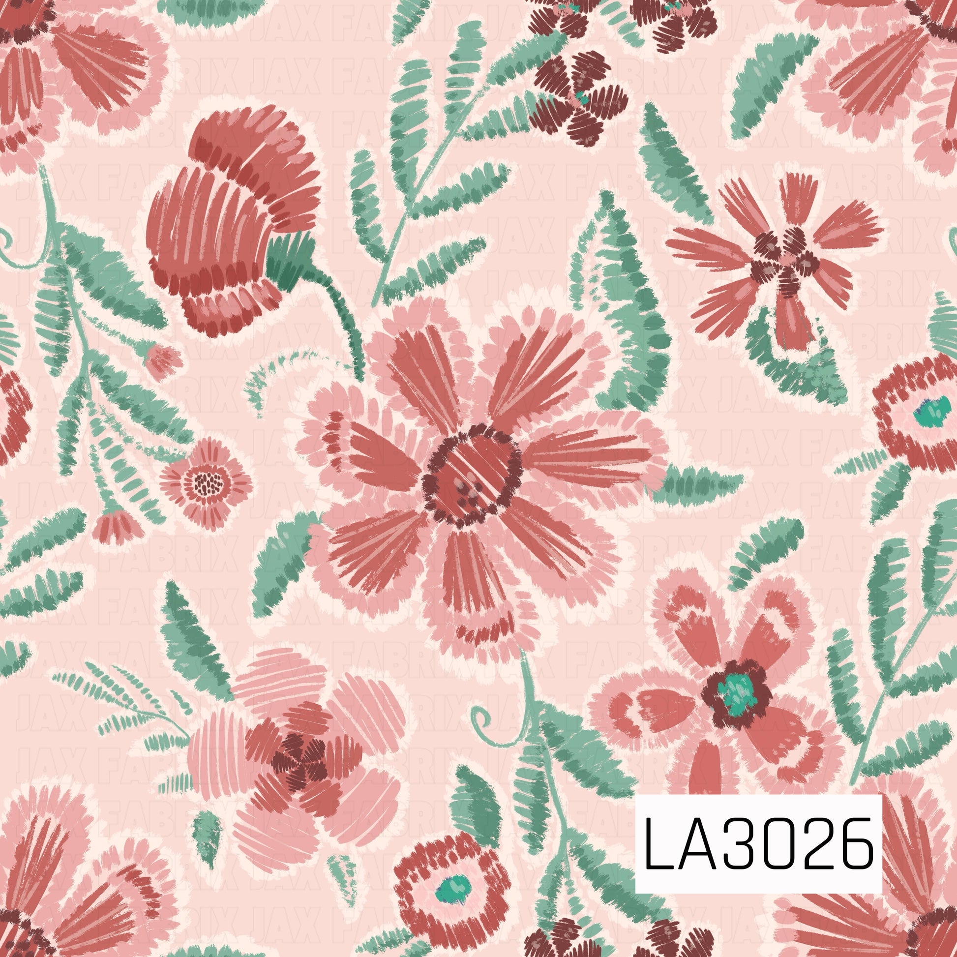 A whimsical embroidered-style floral print featuring oversized blooms in dusty coral, blush pink, and deep rose, accented with soft teal-green leaves and stems. Set against a pale blush background, the textured, hand-stitched look gives it a cozy vintage feel.
