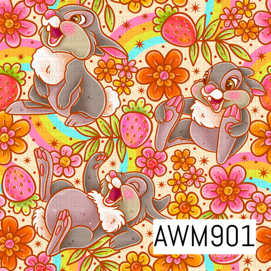 Whimsical woodland seamless pattern featuring playful gray bunnies surrounded by sweet strawberries, colorful wildflowers, leafy branches, and soft rainbow accents. Designed in cheerful shades of pink, orange, yellow, and green on a warm cream background, this charming cottagecore-inspired print combines adorable rabbits with floral garden elements for a bright and joyful repeating pattern perfect for spring and Easter-themed projects.