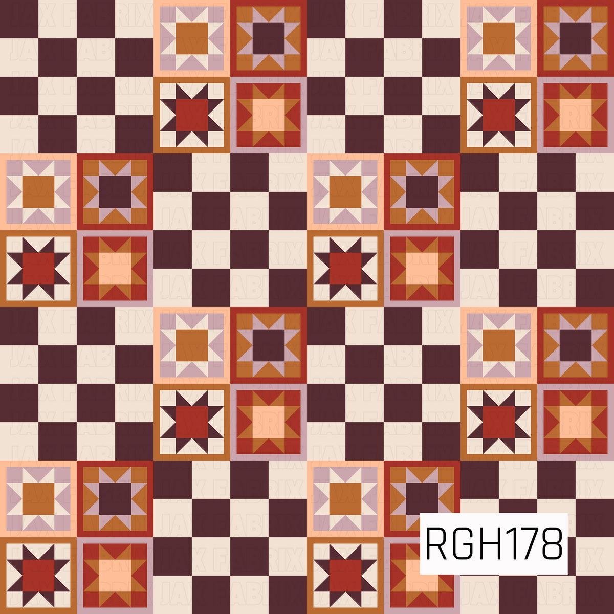 A charming vintage-inspired patchwork quilt pattern featuring clusters of geometric star blocks alternating with burgundy and cream checkerboard squares. Warm shades of rust, burnt orange, dusty mauve, peach, and deep burgundy create a cozy, rustic color palette with a classic farmhouse feel.