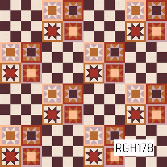 A charming vintage-inspired patchwork quilt pattern featuring clusters of geometric star blocks alternating with burgundy and cream checkerboard squares. Warm shades of rust, burnt orange, dusty mauve, peach, and deep burgundy create a cozy, rustic color palette with a classic farmhouse feel.