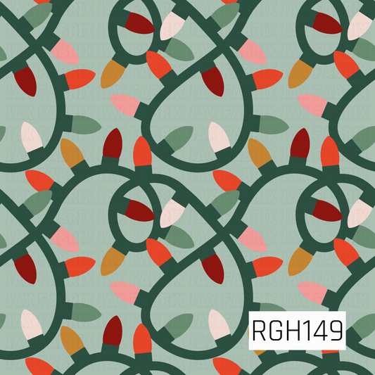 A playful Christmas pattern featuring oversized strands of colorful holiday lights looping across a soft sage green background. The bulbs alternate between red, coral, pink, cream, mustard, and muted green for a fun, retro-inspired holiday look.
