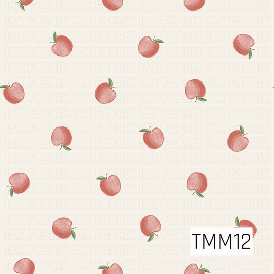 Delicate watercolor apples scattered across a cream linen background, creating a sweet and timeless design perfect for bows, accessories, and fabric projects. 
