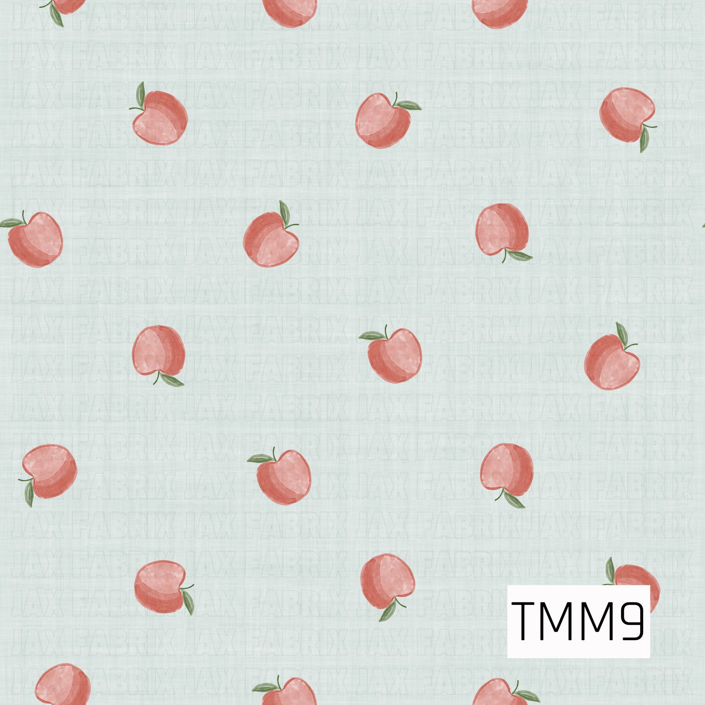 Delicate watercolor apples scattered across a light blue linen background, creating a sweet and timeless design perfect for bows, accessories, and fabric projects. 
