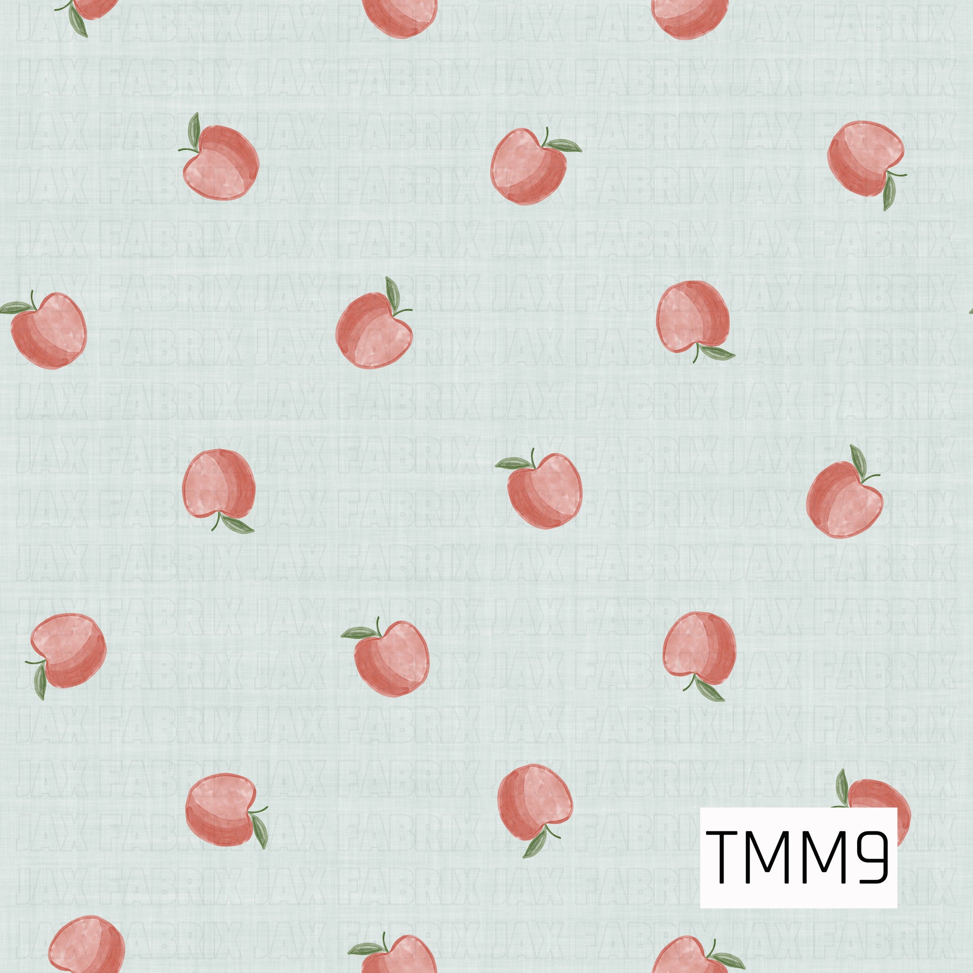 Delicate watercolor apples scattered across a light blue linen background, creating a sweet and timeless design perfect for bows, accessories, and fabric projects. 
