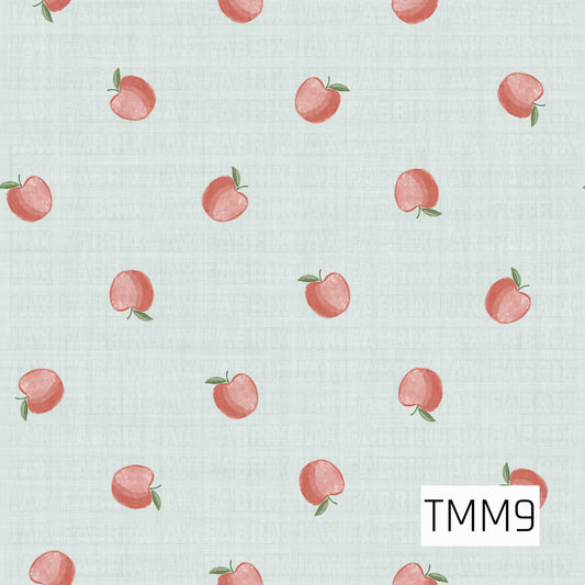Delicate watercolor apples scattered across a light blue linen background, creating a sweet and timeless design perfect for bows, accessories, and fabric projects. 
