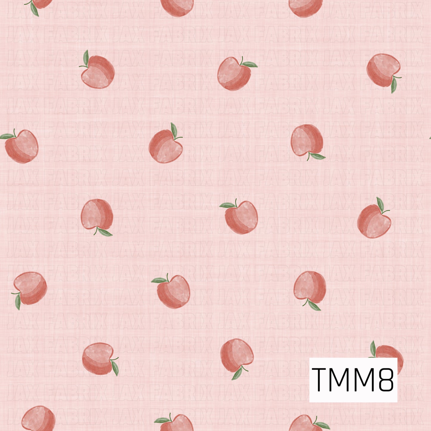 Delicate watercolor apples scattered across a blush pink linen background, creating a sweet and timeless design perfect for bows, accessories, and fabric projects. 
