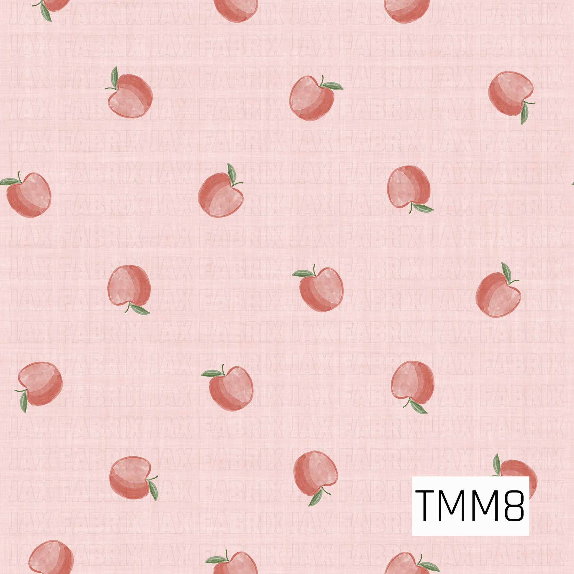 Delicate watercolor apples scattered across a blush pink linen background, creating a sweet and timeless design perfect for bows, accessories, and fabric projects. 

