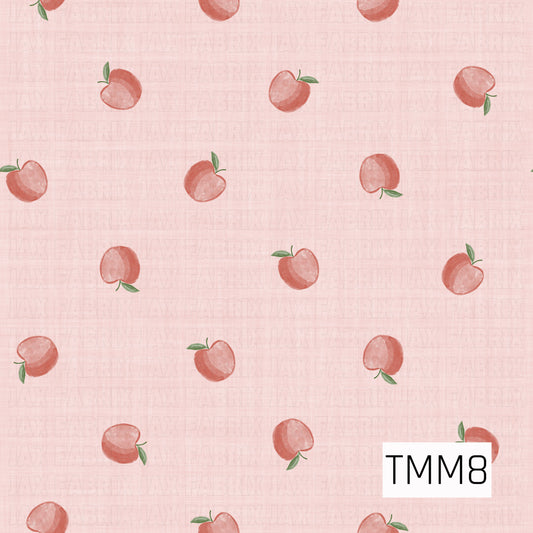 Delicate watercolor apples scattered across a blush pink linen background, creating a sweet and timeless design perfect for bows, accessories, and fabric projects. 
