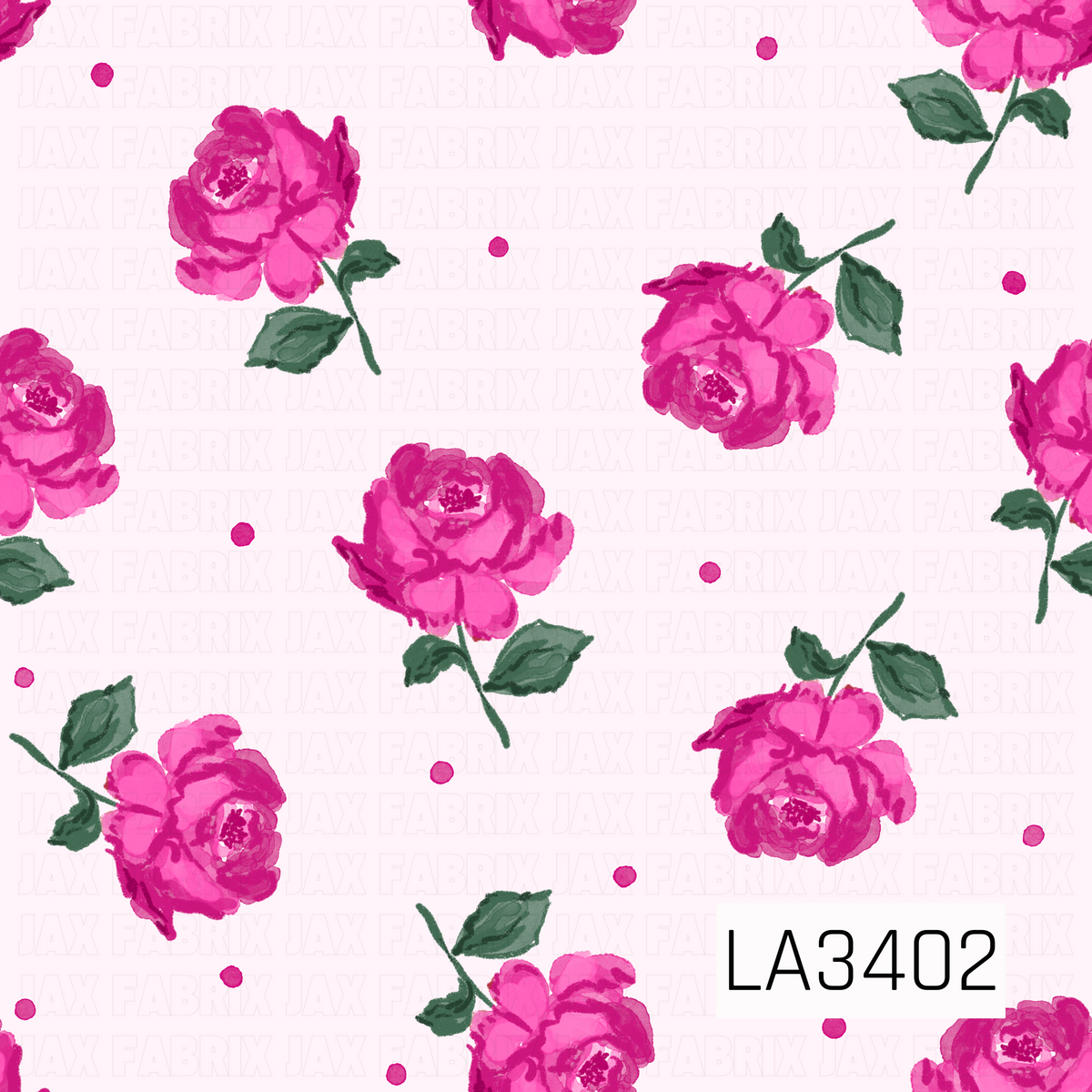 A sweet, vintage-inspired floral pattern featuring scattered hand-painted roses in vibrant shades of hot pink and magenta against a soft, pale blush pink background. Each rose features beautifully layered petals, delicate green stems, and deep sage green leaves. Tiny pink polka dots are sprinkled throughout, adding a playful touch to this feminine watercolor-style design.