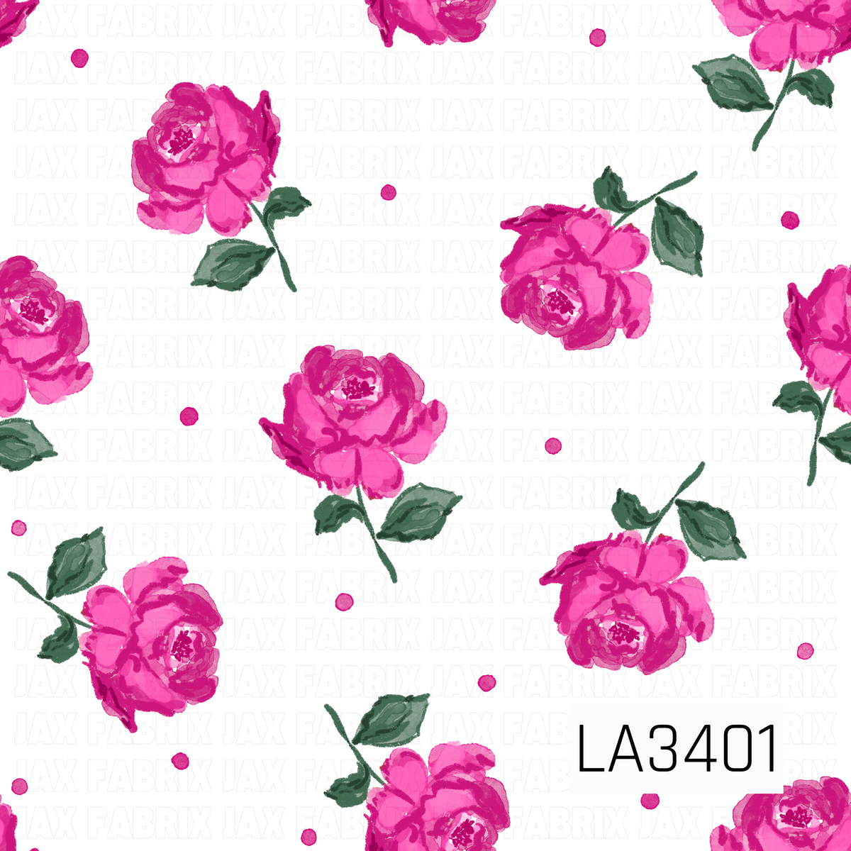 A charming tossed floral pattern featuring vibrant pink roses scattered across a crisp white background. Each rose is illustrated with soft, layered watercolor-style petals in shades of hot pink and magenta, paired with deep sage green leaves and delicate stems. Tiny pink polka dots are sprinkled throughout, adding a playful touch to this sweet, feminine, vintage-inspired design.