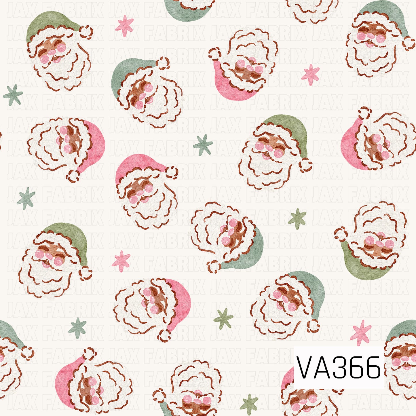 A sweet watercolor Christmas pattern featuring tossed Santa faces in soft pink and sage green hats. Scattered pink and green starbursts fill the spaces between the Santas, all set against a warm cream background with a charming hand-painted look.
