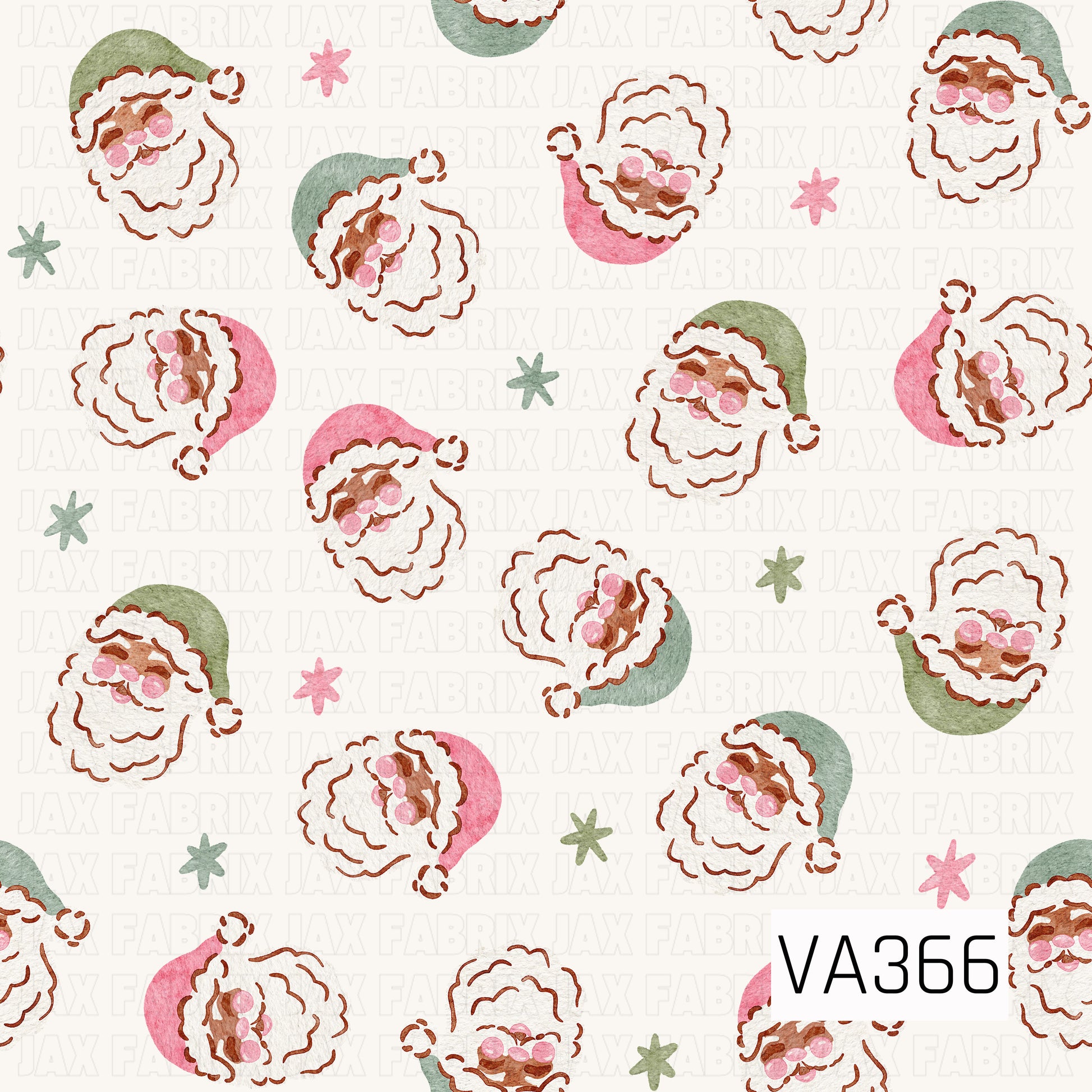 A sweet watercolor Christmas pattern featuring tossed Santa faces in soft pink and sage green hats. Scattered pink and green starbursts fill the spaces between the Santas, all set against a warm cream background with a charming hand-painted look.
