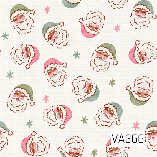 A sweet watercolor Christmas pattern featuring tossed Santa faces in soft pink and sage green hats. Scattered pink and green starbursts fill the spaces between the Santas, all set against a warm cream background with a charming hand-painted look.
