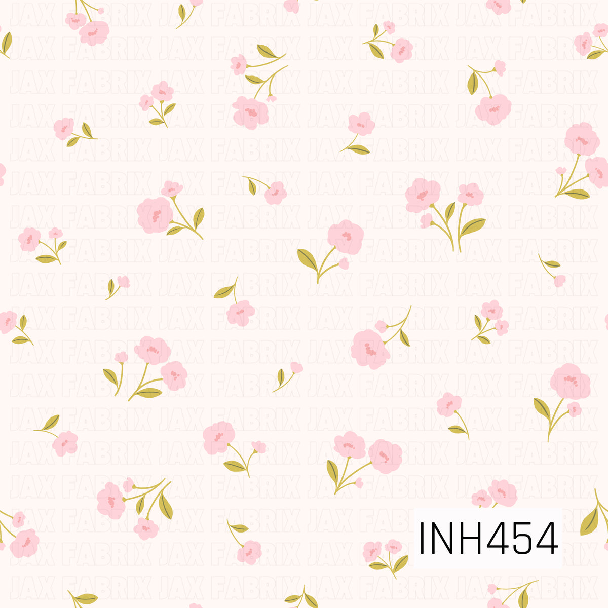 A delicate scattered floral pattern featuring soft pink blossoms with slender golden-green stems and leaves on a warm ivory background. The simple, airy arrangement gives it a sweet, feminine vintage feel.