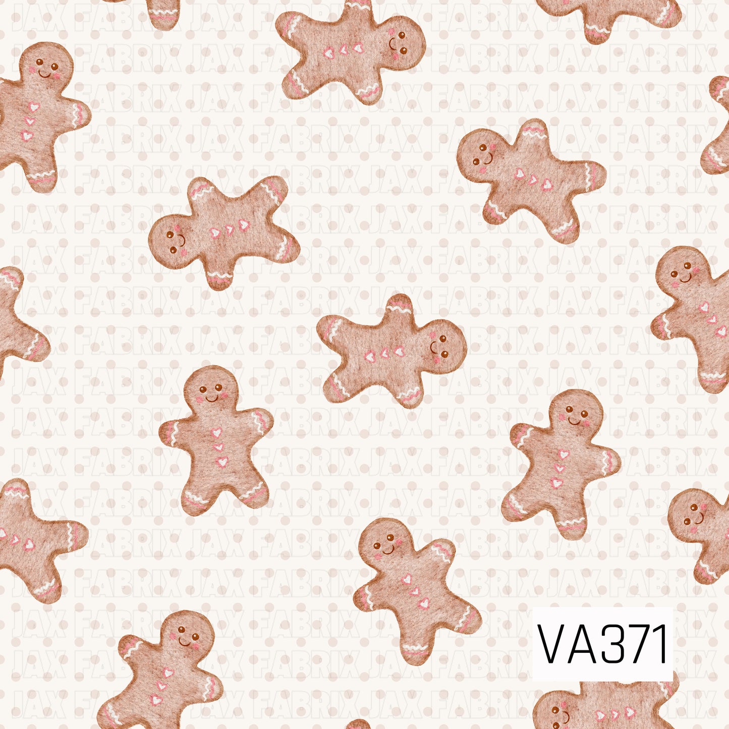 A sweet watercolor Christmas pattern featuring scattered gingerbread people on a soft cream background with subtle beige polka dots. Each gingerbread is decorated with pink and white icing details, tiny heart buttons, rosy cheeks, and cheerful hand-painted faces.
