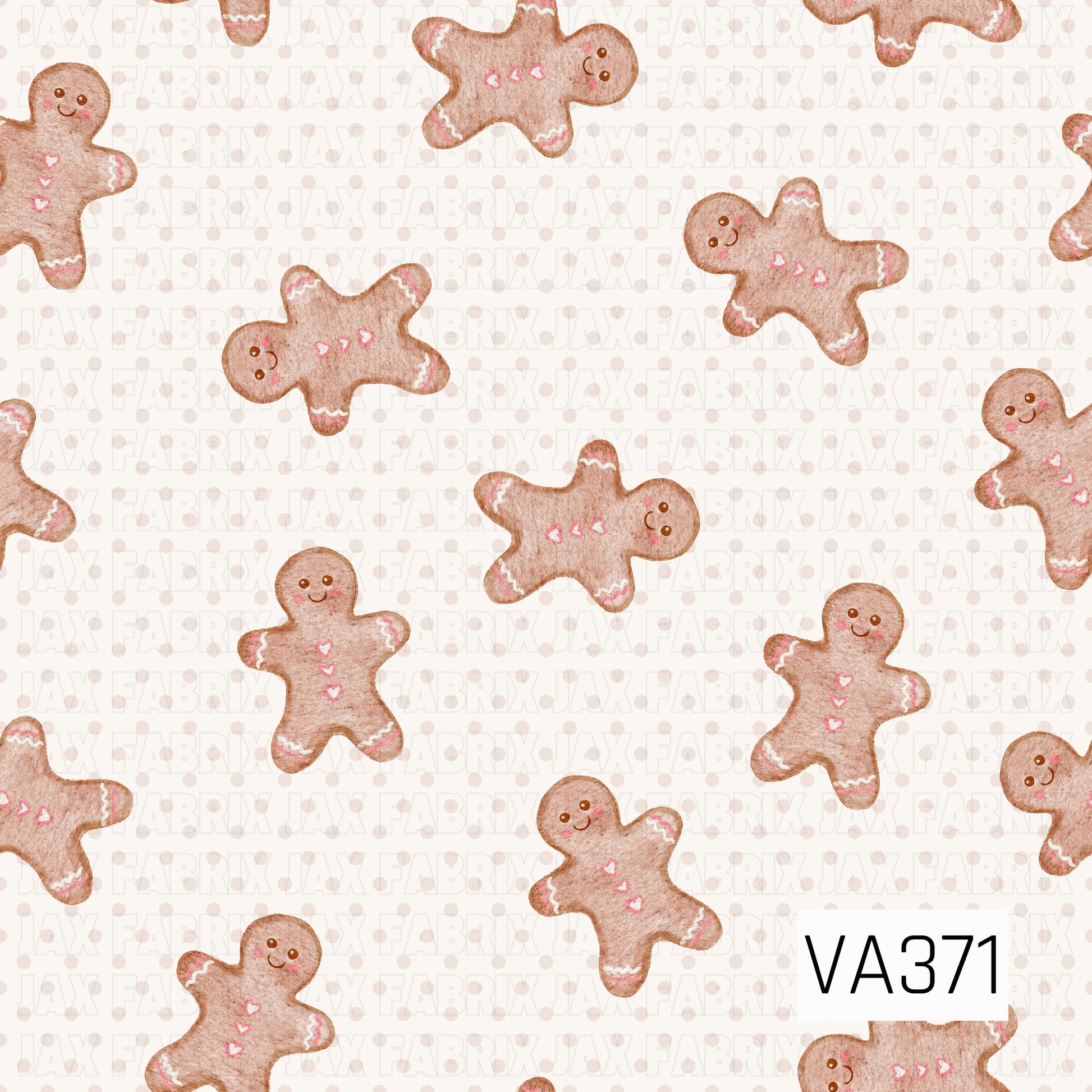 A sweet watercolor Christmas pattern featuring scattered gingerbread people on a soft cream background with subtle beige polka dots. Each gingerbread is decorated with pink and white icing details, tiny heart buttons, rosy cheeks, and cheerful hand-painted faces.
