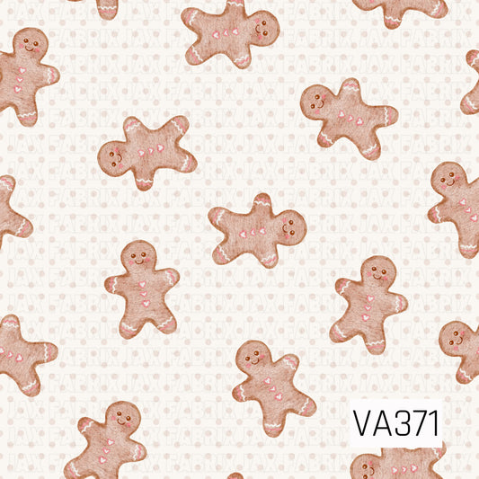 A sweet watercolor Christmas pattern featuring scattered gingerbread people on a soft cream background with subtle beige polka dots. Each gingerbread is decorated with pink and white icing details, tiny heart buttons, rosy cheeks, and cheerful hand-painted faces.

