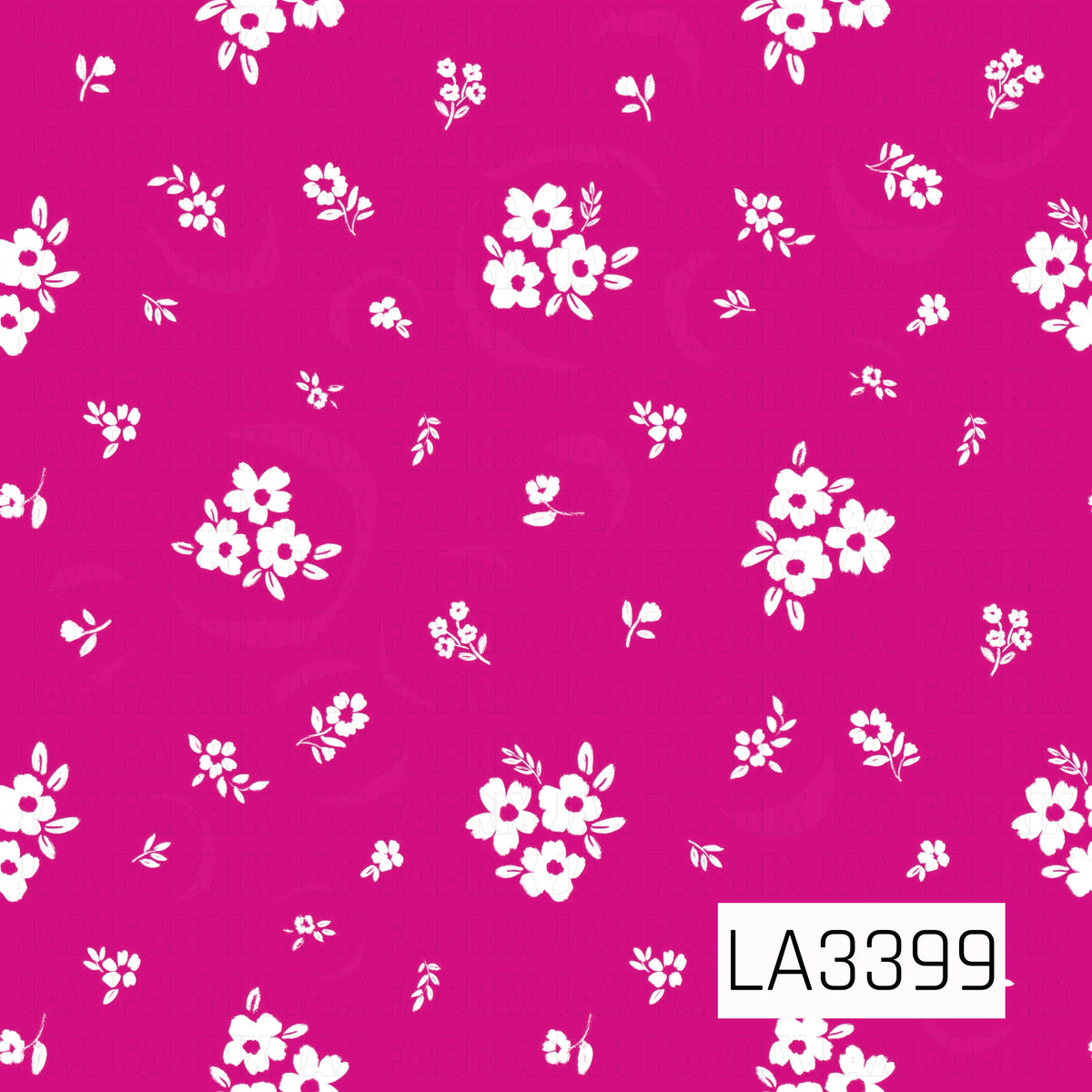 A vibrant deep pink floral pattern featuring scattered white blossoms in varying sizes, from delicate single flowers to sweet clusters of three. Tiny floral sprigs, buds, and leafy accents are sprinkled throughout the bold fuchsia background. The simple, hand-painted details give this tossed floral design a playful, feminine, vintage-inspired charm.