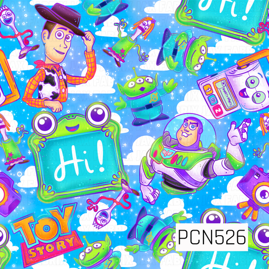 A vibrant Toy Story-inspired seamless pattern featuring a cowboy, a space ranger, Forky, and Little Green Aliens floating across a bright blue sky with white clouds. Bright lime green, turquoise, purple, pink, and orange accents, along with sparkles and playful “Hi!” signs, create a fun and colorful design perfect for kids' fabrics and craft projects.
