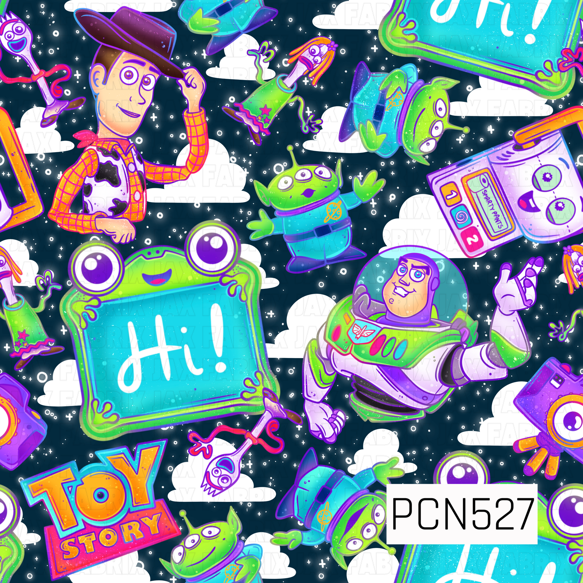 A vibrant Toy Story-inspired seamless pattern featuring a cowboy, a space ranger, Forky, and Little Green Aliens floating across a deep navy blue sky with white clouds and sparkling stars. Bright lime green, turquoise, purple, pink, and orange accents create a bold, playful design, while cheerful “Hi!” signs and toy-themed elements add a fun, whimsical touch.

