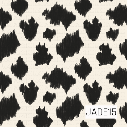 A playful black-and-cream cow print featuring hand-drawn brushstroke spots scattered across a light background. This modern western-inspired coordinate adds a trendy, rustic touch while pairing perfectly with farm, rodeo, and cowgirl-themed designs. 
