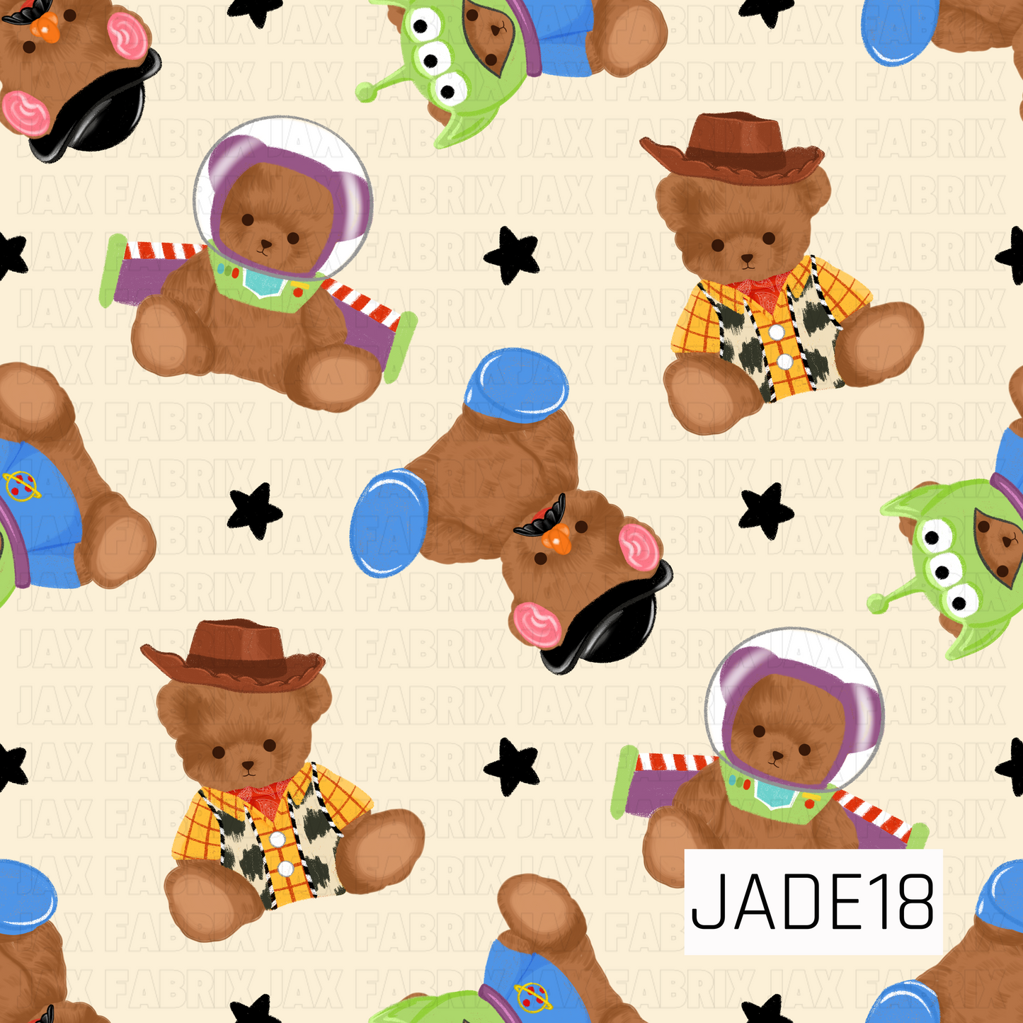 Adorable teddy bears dressed as beloved toy inspired characters are scattered across a soft cream background with black stars. Featuring a space ranger, cowboy, alien, and cowgirl-inspired bear, this playful print is perfect for toy-themed, nursery, and childhood nostalgia collections. 
