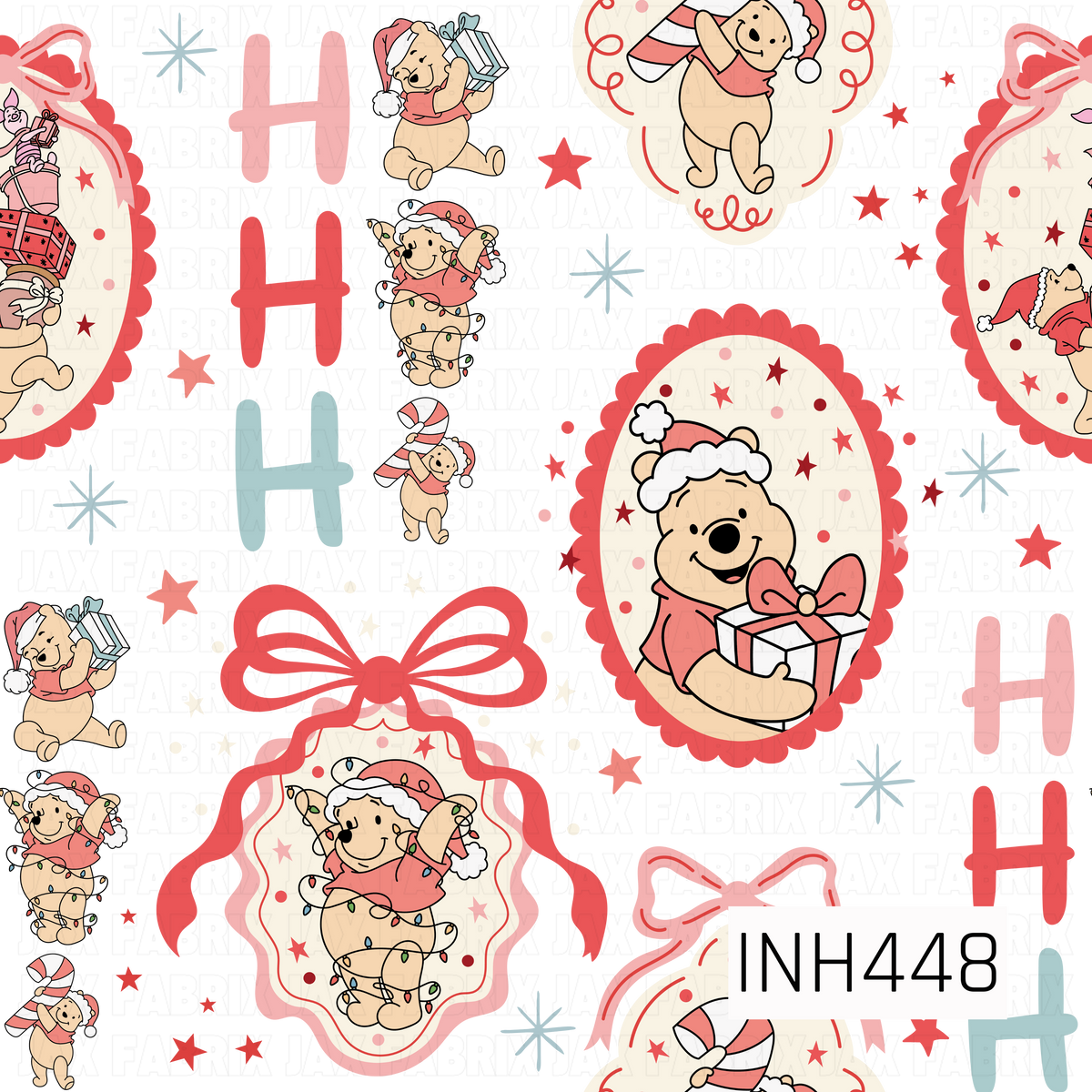 A playful Christmas pattern featuring a classic honey-loving bear dressed in festive Santa hats, holding gifts, candy canes, and tangled Christmas lights. Framed holiday scenes, oversized bows, stars, and colorful “HO HO HO” lettering pop against a black background in shades of red, pink, cream, and icy blue.
