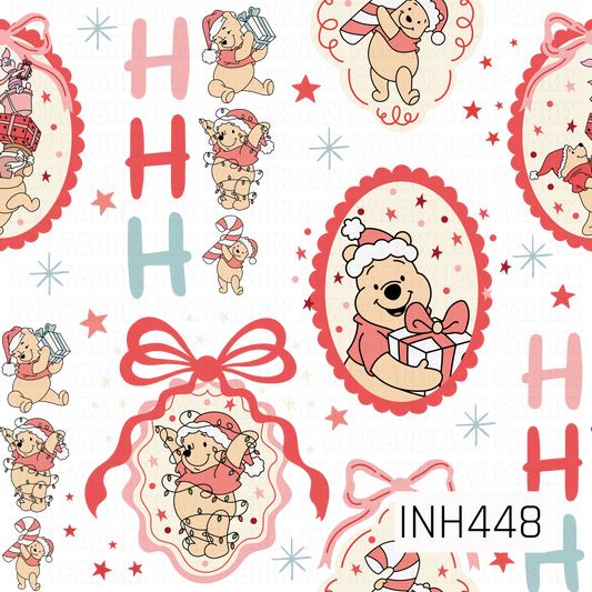 A playful Christmas pattern featuring a classic honey-loving bear dressed in festive Santa hats, holding gifts, candy canes, and tangled Christmas lights. Framed holiday scenes, oversized bows, stars, and colorful “HO HO HO” lettering pop against a black background in shades of red, pink, cream, and icy blue.

