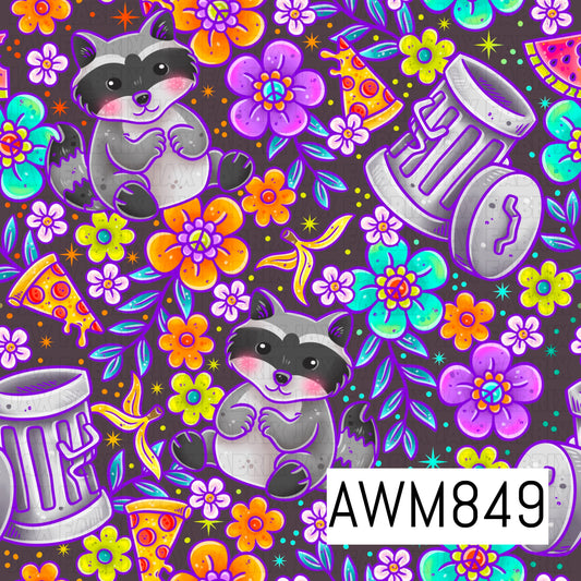 A playful retro-inspired design featuring adorable raccoons surrounded by colorful flowers, pizza slices, banana peels, and metal trash cans. Set on a dark charcoal background with bright neon shades of purple, teal, orange, yellow, and lime green, this whimsical pattern combines quirky woodland charm with fun city scavenger vibes and vibrant groovy florals.