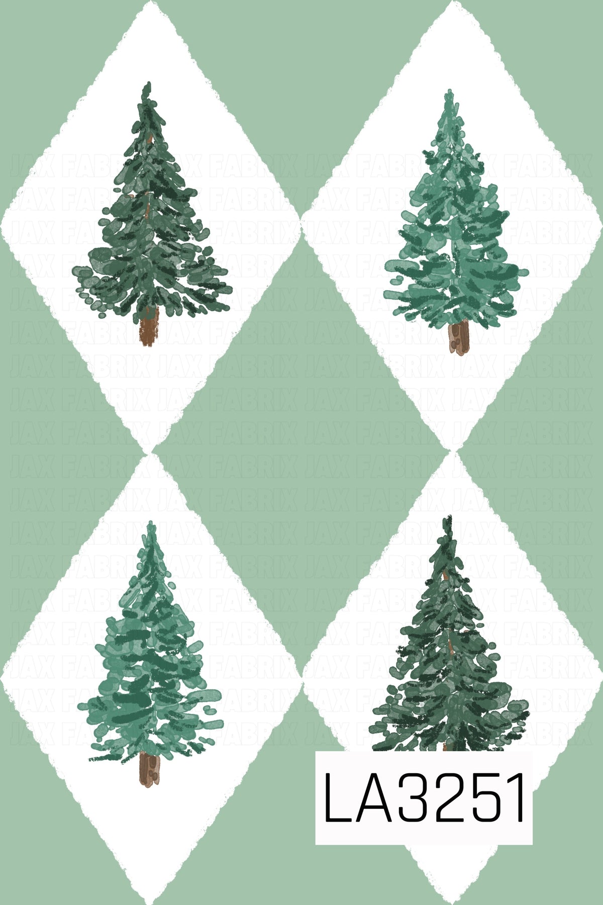 A hand-painted Christmas tree pattern featuring four evergreen trees in varying shades of forest and sage green. Each tree sits inside a soft white diamond shape against a muted sage green background, creating a cozy, rustic argyle-inspired design.
