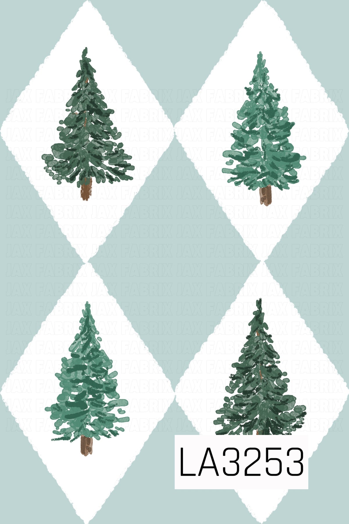 A hand-painted Christmas tree pattern featuring four evergreen trees in varying shades of deep and muted green. Each tree sits inside a soft white diamond shape against a pale icy blue background, creating a cozy, wintery argyle-inspired design.
