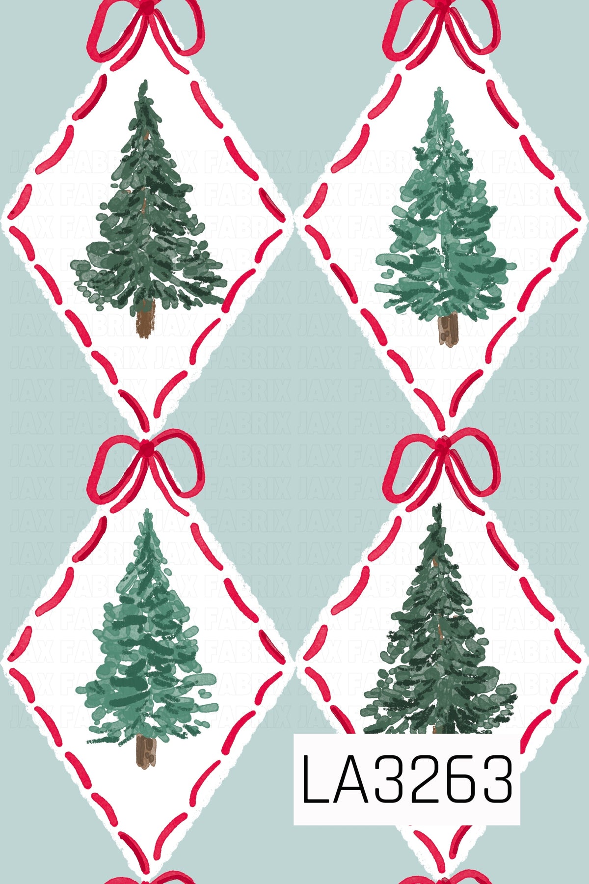 A hand-painted Christmas tree pattern featuring evergreen trees in varying shades of green centered inside soft white diamonds. Bright red stitched accents and coordinating red bows frame each diamond, set against a soft icy blue background.
